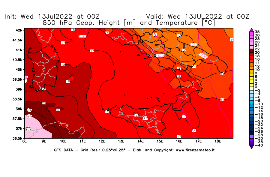 Mappa di analisi GFS - Geopotenziale [m] e Temperatura [°C] a 850 hPa in Sud-Italia
							del 13/07/2022 00 <!--googleoff: index-->UTC<!--googleon: index-->