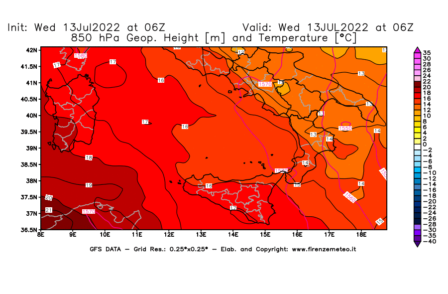 Mappa di analisi GFS - Geopotenziale [m] e Temperatura [°C] a 850 hPa in Sud-Italia
							del 13/07/2022 06 <!--googleoff: index-->UTC<!--googleon: index-->