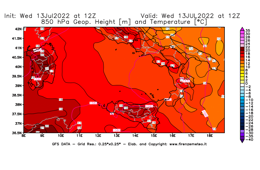 Mappa di analisi GFS - Geopotenziale [m] e Temperatura [°C] a 850 hPa in Sud-Italia
							del 13/07/2022 12 <!--googleoff: index-->UTC<!--googleon: index-->