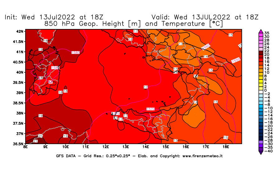 Mappa di analisi GFS - Geopotenziale [m] e Temperatura [°C] a 850 hPa in Sud-Italia
							del 13/07/2022 18 <!--googleoff: index-->UTC<!--googleon: index-->