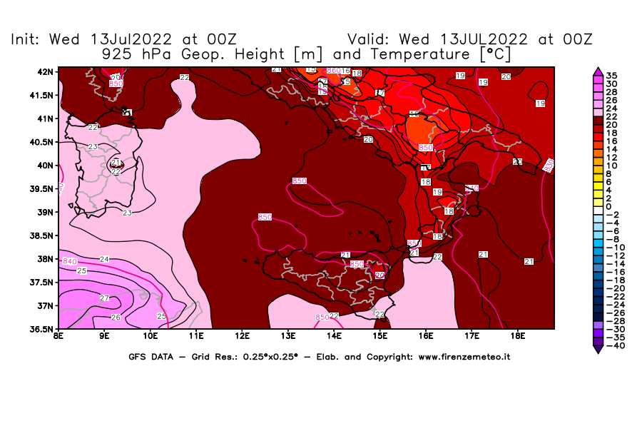 Mappa di analisi GFS - Geopotenziale [m] e Temperatura [°C] a 925 hPa in Sud-Italia
							del 13/07/2022 00 <!--googleoff: index-->UTC<!--googleon: index-->