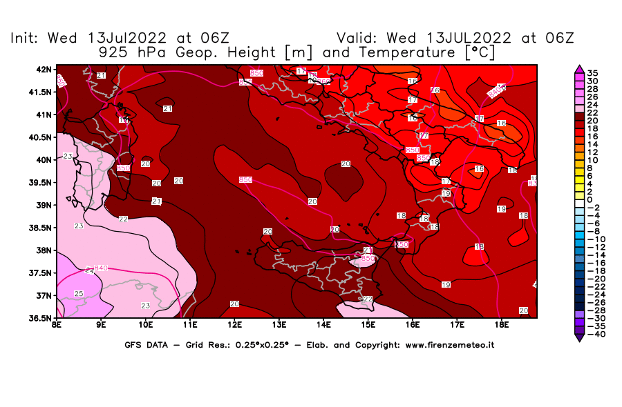 Mappa di analisi GFS - Geopotenziale [m] e Temperatura [°C] a 925 hPa in Sud-Italia
							del 13/07/2022 06 <!--googleoff: index-->UTC<!--googleon: index-->