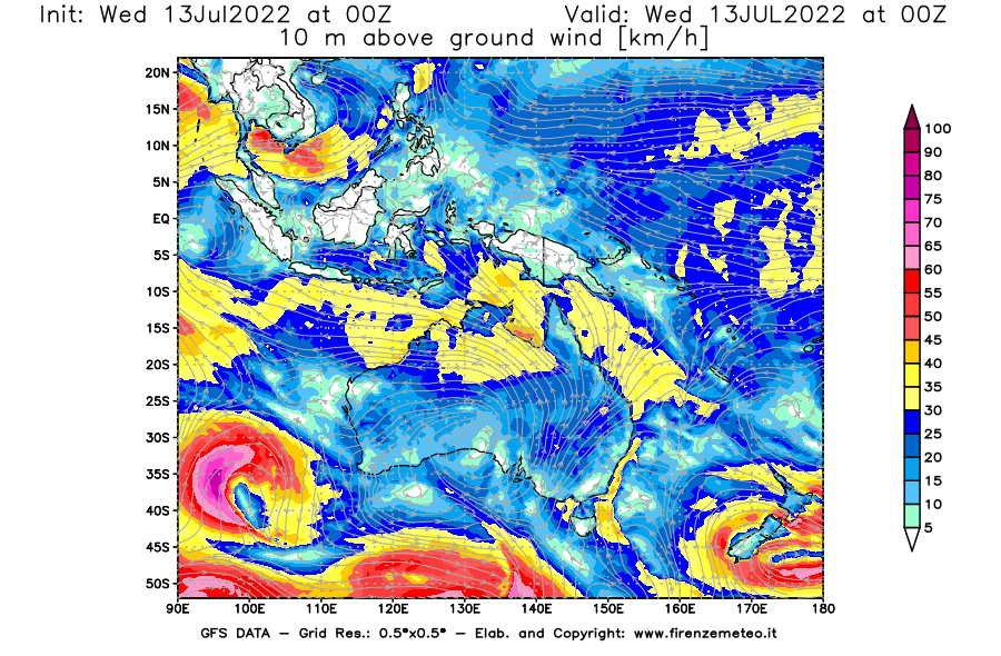 Mappa di analisi GFS - Velocità del vento a 10 metri dal suolo [km/h] in Oceania
							del 13/07/2022 00 <!--googleoff: index-->UTC<!--googleon: index-->