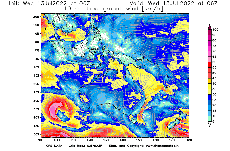 Mappa di analisi GFS - Velocità del vento a 10 metri dal suolo [km/h] in Oceania
							del 13/07/2022 06 <!--googleoff: index-->UTC<!--googleon: index-->