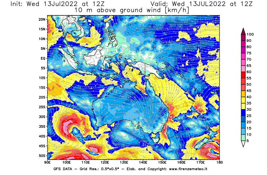 Mappa di analisi GFS - Velocità del vento a 10 metri dal suolo [km/h] in Oceania
							del 13/07/2022 12 <!--googleoff: index-->UTC<!--googleon: index-->