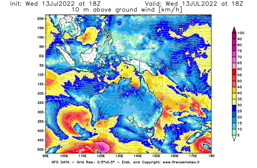 Mappa di analisi GFS - Velocità del vento a 10 metri dal suolo [km/h] in Oceania
							del 13/07/2022 18 <!--googleoff: index-->UTC<!--googleon: index-->