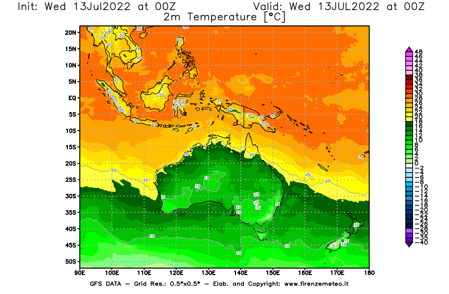 Mappa di analisi GFS - Temperatura a 2 metri dal suolo [°C] in Oceania
							del 13/07/2022 00 <!--googleoff: index-->UTC<!--googleon: index-->