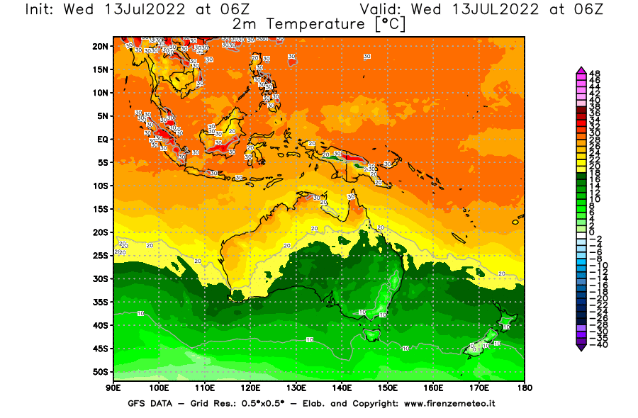 Mappa di analisi GFS - Temperatura a 2 metri dal suolo [°C] in Oceania
							del 13/07/2022 06 <!--googleoff: index-->UTC<!--googleon: index-->