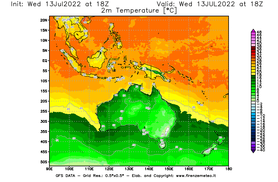 Mappa di analisi GFS - Temperatura a 2 metri dal suolo [°C] in Oceania
							del 13/07/2022 18 <!--googleoff: index-->UTC<!--googleon: index-->