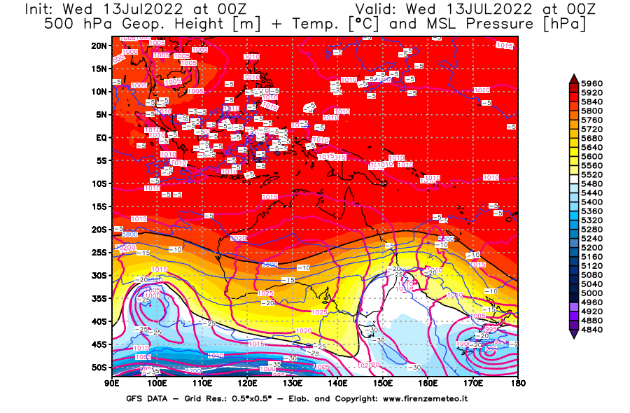 Mappa di analisi GFS - Geopotenziale [m] + Temp. [°C] a 500 hPa + Press. a livello del mare [hPa] in Oceania
							del 13/07/2022 00 <!--googleoff: index-->UTC<!--googleon: index-->