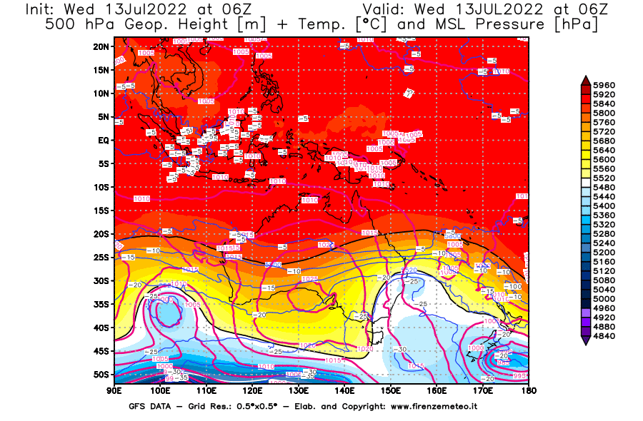 Mappa di analisi GFS - Geopotenziale [m] + Temp. [°C] a 500 hPa + Press. a livello del mare [hPa] in Oceania
							del 13/07/2022 06 <!--googleoff: index-->UTC<!--googleon: index-->