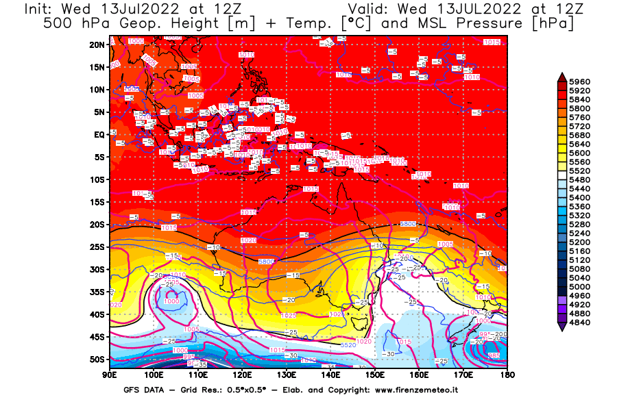 Mappa di analisi GFS - Geopotenziale [m] + Temp. [°C] a 500 hPa + Press. a livello del mare [hPa] in Oceania
							del 13/07/2022 12 <!--googleoff: index-->UTC<!--googleon: index-->