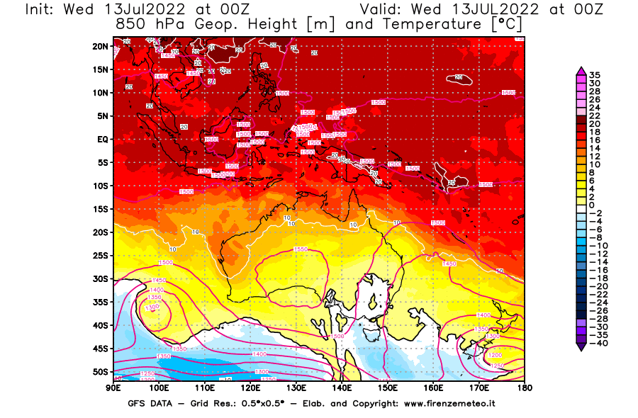 Mappa di analisi GFS - Geopotenziale [m] e Temperatura [°C] a 850 hPa in Oceania
							del 13/07/2022 00 <!--googleoff: index-->UTC<!--googleon: index-->