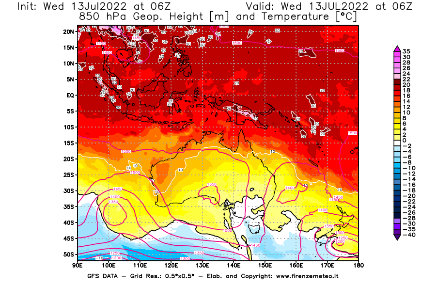 Mappa di analisi GFS - Geopotenziale [m] e Temperatura [°C] a 850 hPa in Oceania
							del 13/07/2022 06 <!--googleoff: index-->UTC<!--googleon: index-->