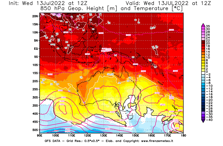 Mappa di analisi GFS - Geopotenziale [m] e Temperatura [°C] a 850 hPa in Oceania
							del 13/07/2022 12 <!--googleoff: index-->UTC<!--googleon: index-->