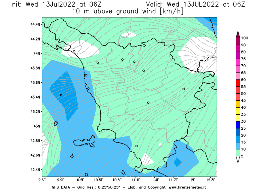 Mappa di analisi GFS - Velocità del vento a 10 metri dal suolo [km/h] in Toscana
							del 13/07/2022 06 <!--googleoff: index-->UTC<!--googleon: index-->