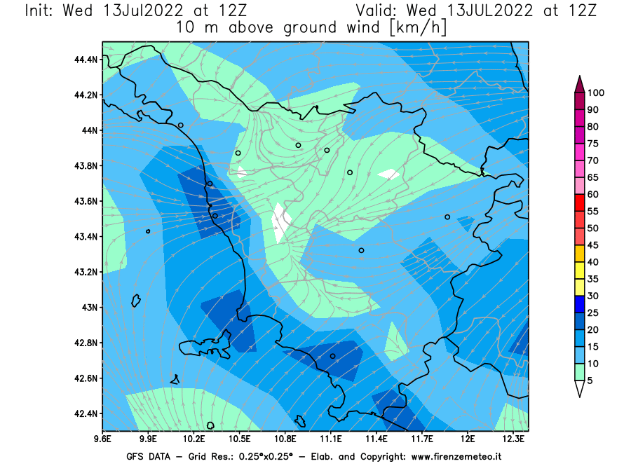 Mappa di analisi GFS - Velocità del vento a 10 metri dal suolo [km/h] in Toscana
							del 13/07/2022 12 <!--googleoff: index-->UTC<!--googleon: index-->