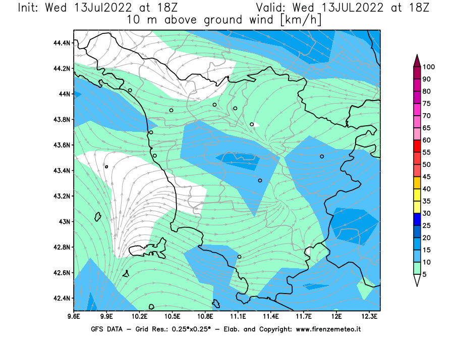 Mappa di analisi GFS - Velocità del vento a 10 metri dal suolo [km/h] in Toscana
							del 13/07/2022 18 <!--googleoff: index-->UTC<!--googleon: index-->