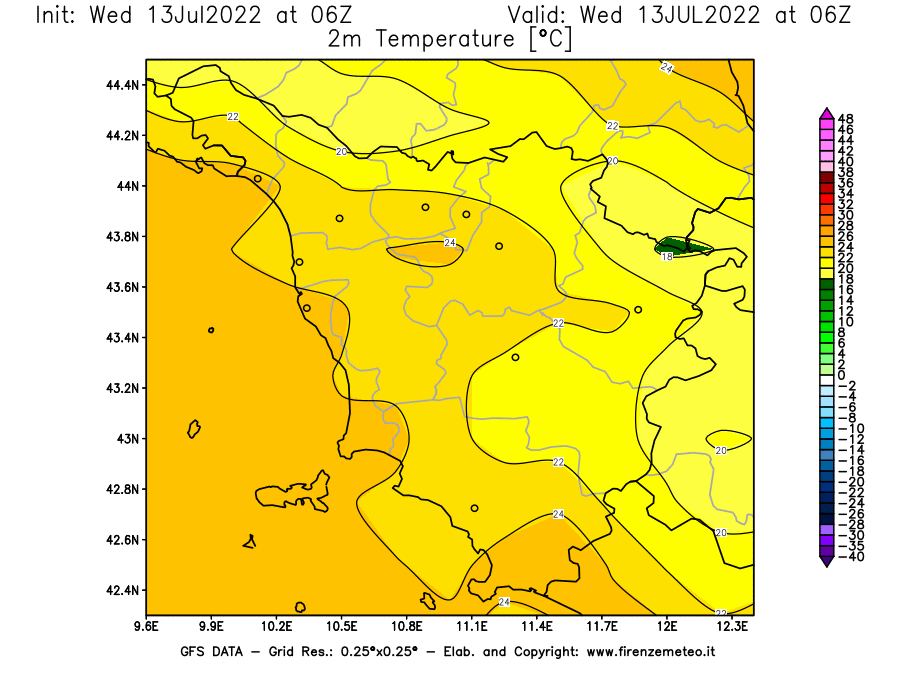 Mappa di analisi GFS - Temperatura a 2 metri dal suolo [°C] in Toscana
							del 13/07/2022 06 <!--googleoff: index-->UTC<!--googleon: index-->