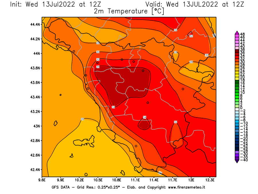 Mappa di analisi GFS - Temperatura a 2 metri dal suolo [°C] in Toscana
							del 13/07/2022 12 <!--googleoff: index-->UTC<!--googleon: index-->