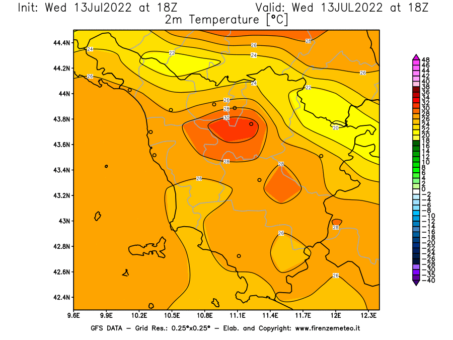 Mappa di analisi GFS - Temperatura a 2 metri dal suolo [°C] in Toscana
							del 13/07/2022 18 <!--googleoff: index-->UTC<!--googleon: index-->