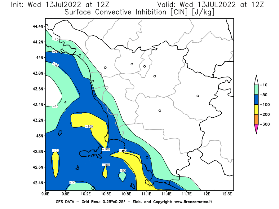 Mappa di analisi GFS - CIN [J/kg] in Toscana
							del 13/07/2022 12 <!--googleoff: index-->UTC<!--googleon: index-->