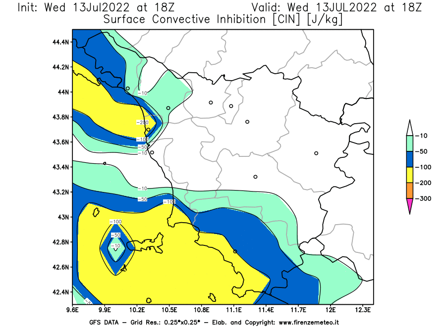 Mappa di analisi GFS - CIN [J/kg] in Toscana
							del 13/07/2022 18 <!--googleoff: index-->UTC<!--googleon: index-->