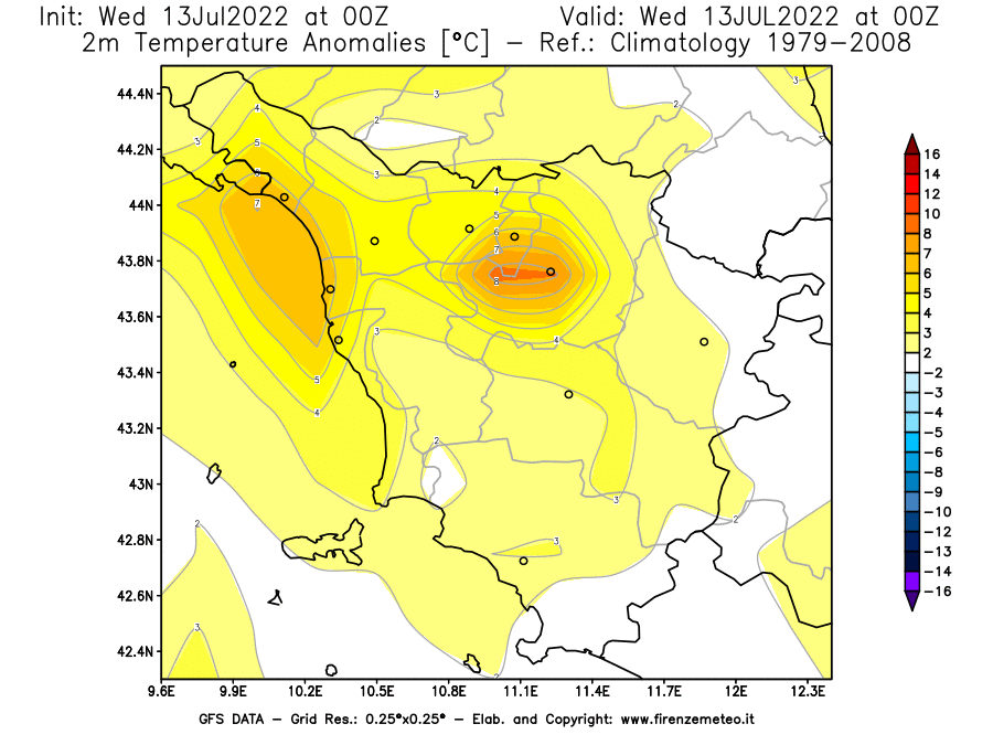 Mappa di analisi GFS - Anomalia Temperatura [°C] a 2 m in Toscana
							del 13/07/2022 00 <!--googleoff: index-->UTC<!--googleon: index-->