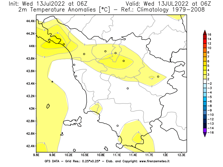Mappa di analisi GFS - Anomalia Temperatura [°C] a 2 m in Toscana
							del 13/07/2022 06 <!--googleoff: index-->UTC<!--googleon: index-->