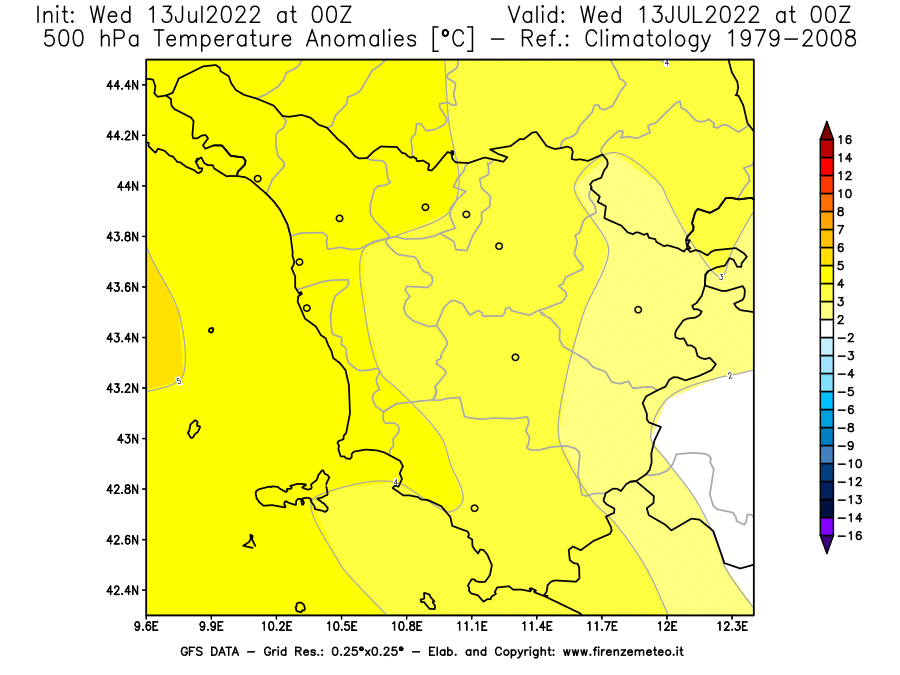 Mappa di analisi GFS - Anomalia Temperatura [°C] a 500 hPa in Toscana
							del 13/07/2022 00 <!--googleoff: index-->UTC<!--googleon: index-->