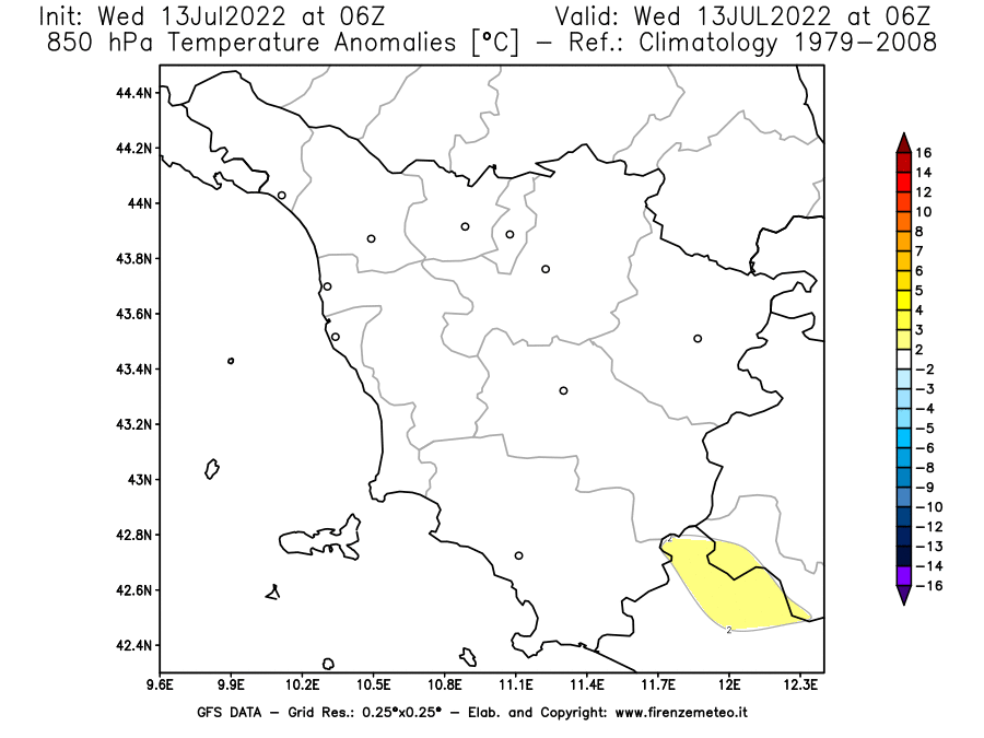 Mappa di analisi GFS - Anomalia Temperatura [°C] a 850 hPa in Toscana
							del 13/07/2022 06 <!--googleoff: index-->UTC<!--googleon: index-->