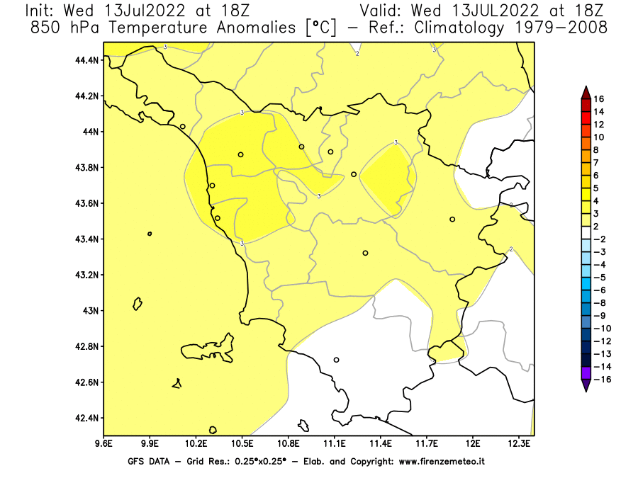 Mappa di analisi GFS - Anomalia Temperatura [°C] a 850 hPa in Toscana
							del 13/07/2022 18 <!--googleoff: index-->UTC<!--googleon: index-->