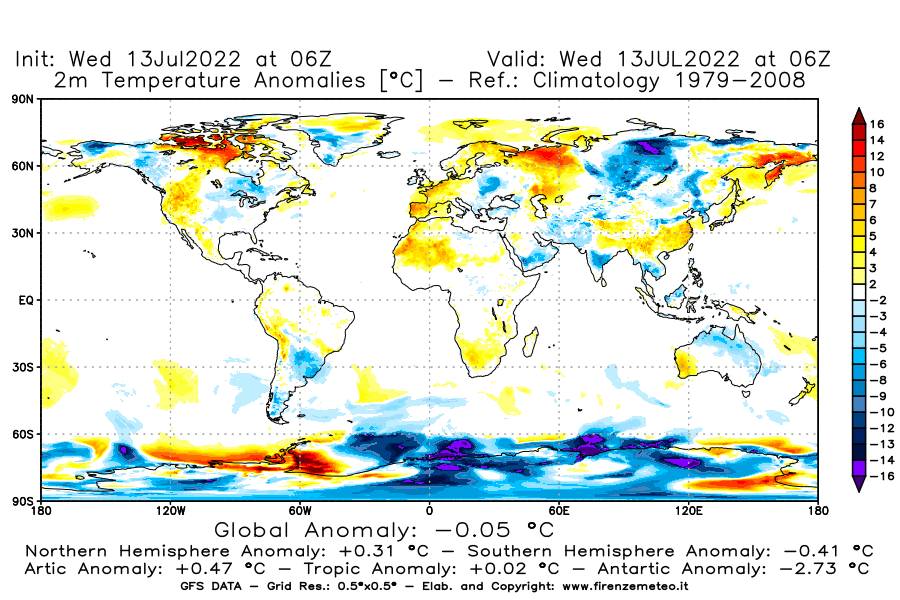 Mappa di analisi GFS - Anomalia Temperatura [°C] a 2 m in World
							del 13/07/2022 06 <!--googleoff: index-->UTC<!--googleon: index-->