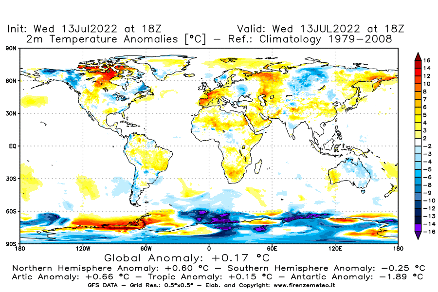Mappa di analisi GFS - Anomalia Temperatura [°C] a 2 m in World
							del 13/07/2022 18 <!--googleoff: index-->UTC<!--googleon: index-->