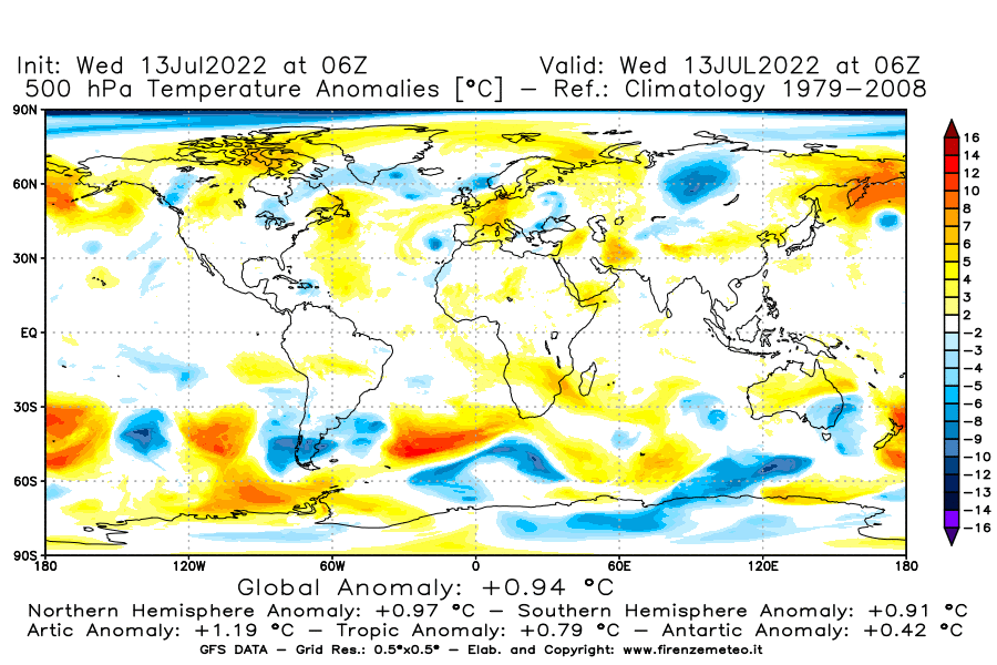 Mappa di analisi GFS - Anomalia Temperatura [°C] a 500 hPa in World
							del 13/07/2022 06 <!--googleoff: index-->UTC<!--googleon: index-->