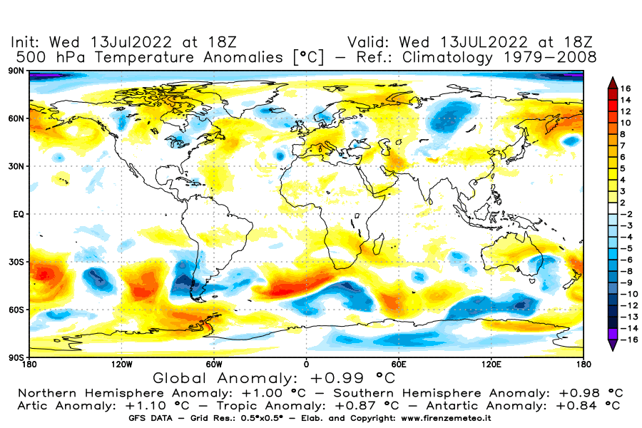 Mappa di analisi GFS - Anomalia Temperatura [°C] a 500 hPa in World
							del 13/07/2022 18 <!--googleoff: index-->UTC<!--googleon: index-->