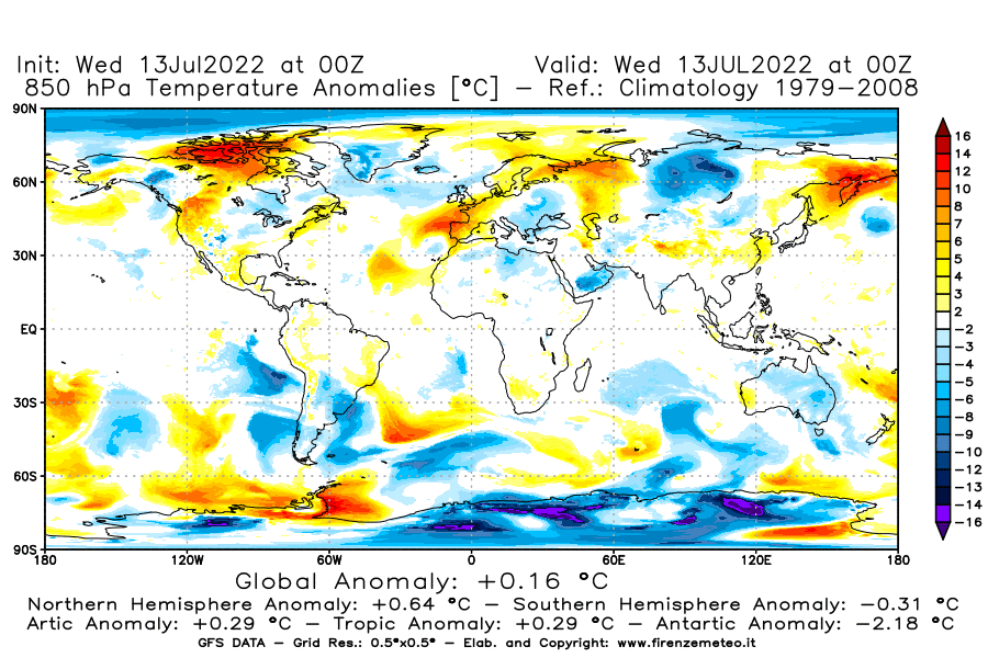 Mappa di analisi GFS - Anomalia Temperatura [°C] a 850 hPa in World
							del 13/07/2022 00 <!--googleoff: index-->UTC<!--googleon: index-->