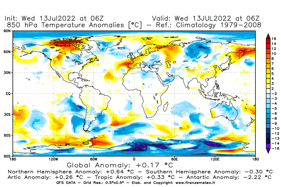 Mappa di analisi GFS - Anomalia Temperatura [°C] a 850 hPa in World
							del 13/07/2022 06 <!--googleoff: index-->UTC<!--googleon: index-->