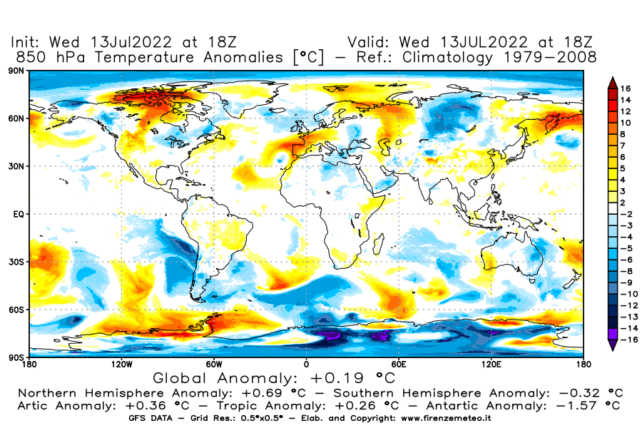 Mappa di analisi GFS - Anomalia Temperatura [°C] a 850 hPa in World
							del 13/07/2022 18 <!--googleoff: index-->UTC<!--googleon: index-->