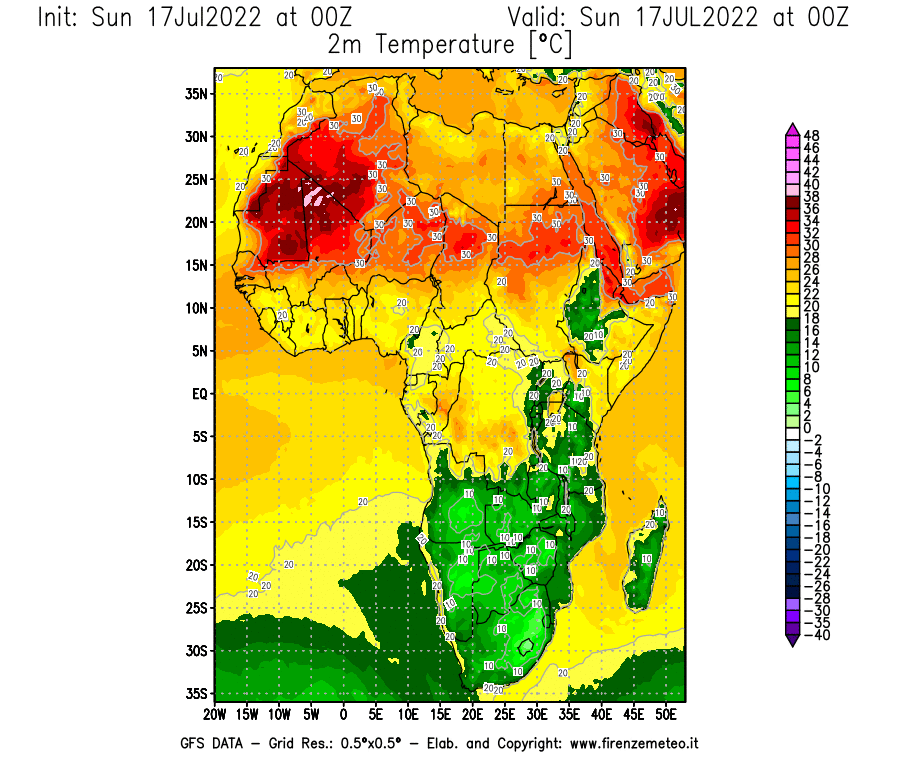 Mappa di analisi GFS - Temperatura a 2 metri dal suolo [°C] in Africa
							del 17/07/2022 00 <!--googleoff: index-->UTC<!--googleon: index-->