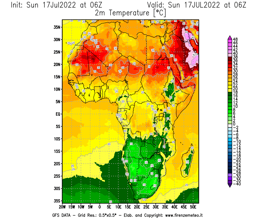 Mappa di analisi GFS - Temperatura a 2 metri dal suolo [°C] in Africa
							del 17/07/2022 06 <!--googleoff: index-->UTC<!--googleon: index-->