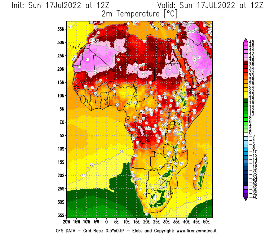 Mappa di analisi GFS - Temperatura a 2 metri dal suolo [°C] in Africa
							del 17/07/2022 12 <!--googleoff: index-->UTC<!--googleon: index-->