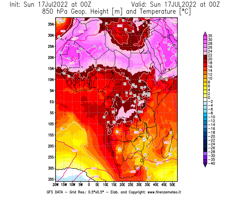 Mappa di analisi GFS - Geopotenziale [m] e Temperatura [°C] a 850 hPa in Africa
							del 17/07/2022 00 <!--googleoff: index-->UTC<!--googleon: index-->