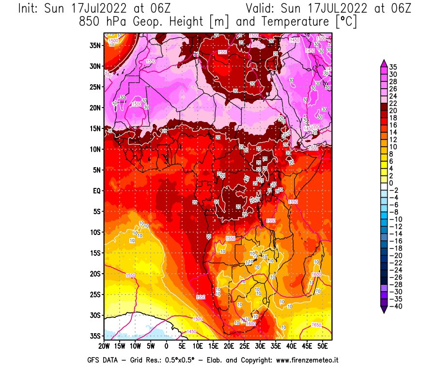 Mappa di analisi GFS - Geopotenziale [m] e Temperatura [°C] a 850 hPa in Africa
							del 17/07/2022 06 <!--googleoff: index-->UTC<!--googleon: index-->