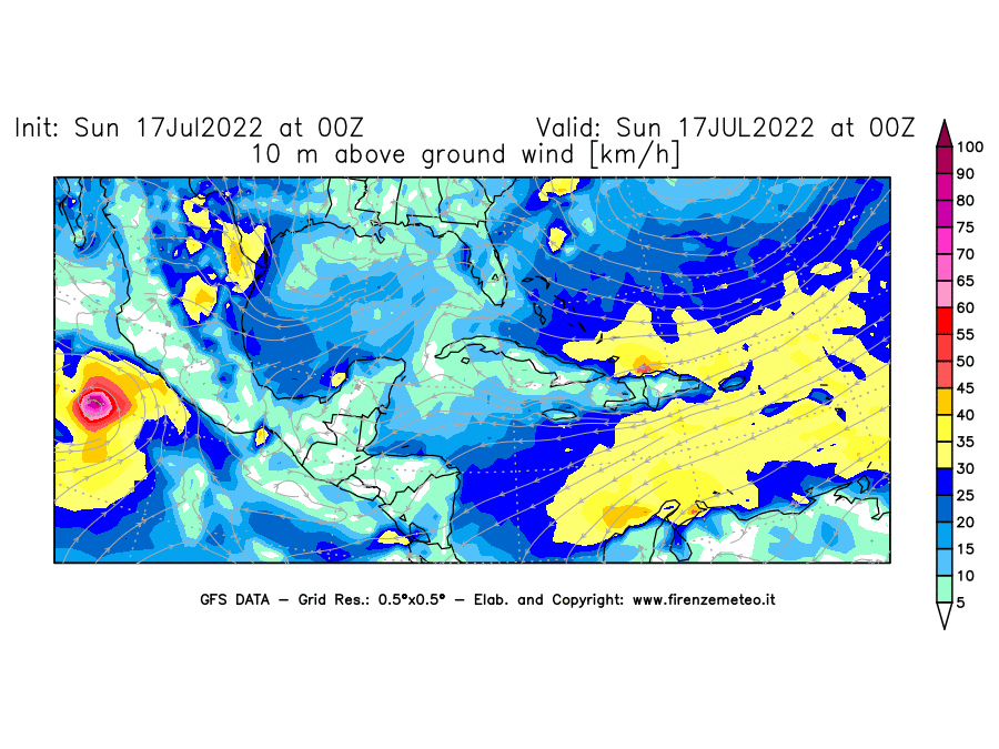 Mappa di analisi GFS - Velocità del vento a 10 metri dal suolo [km/h] in Centro-America
							del 17/07/2022 00 <!--googleoff: index-->UTC<!--googleon: index-->