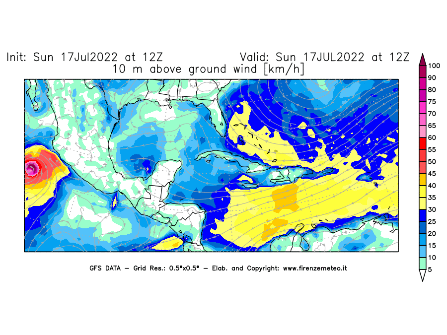 Mappa di analisi GFS - Velocità del vento a 10 metri dal suolo [km/h] in Centro-America
							del 17/07/2022 12 <!--googleoff: index-->UTC<!--googleon: index-->