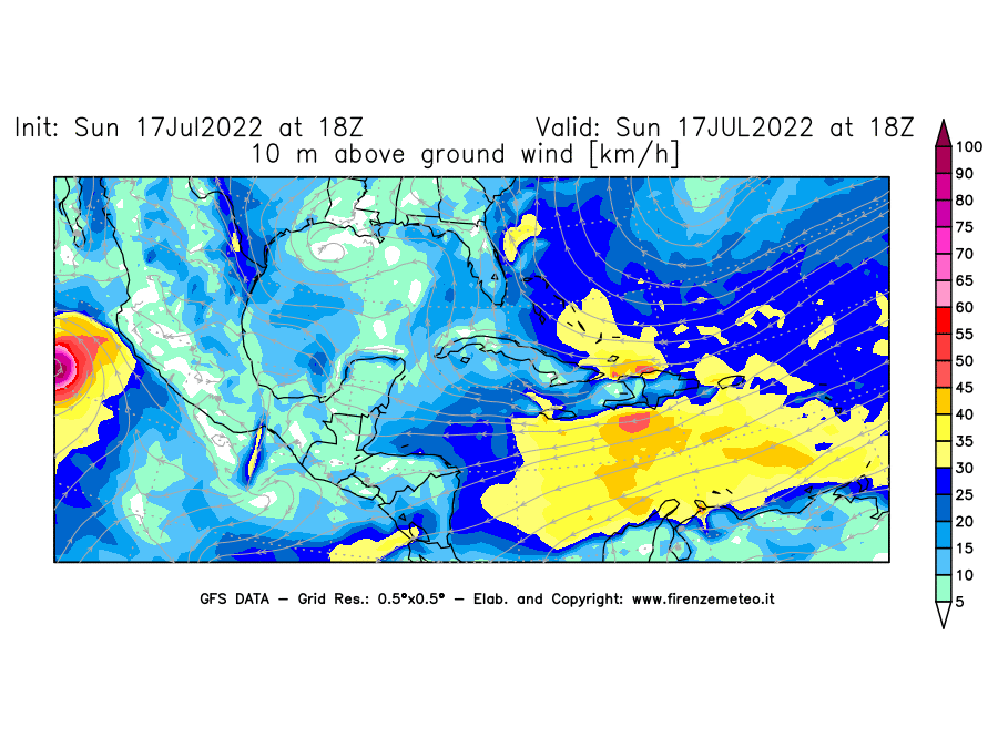 Mappa di analisi GFS - Velocità del vento a 10 metri dal suolo [km/h] in Centro-America
							del 17/07/2022 18 <!--googleoff: index-->UTC<!--googleon: index-->
