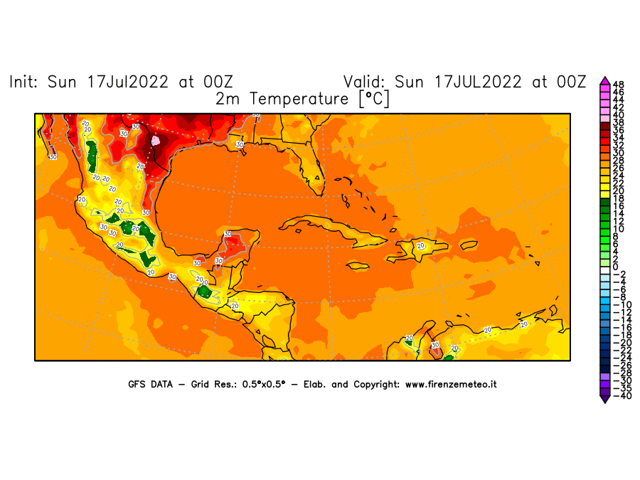 Mappa di analisi GFS - Temperatura a 2 metri dal suolo [°C] in Centro-America
							del 17/07/2022 00 <!--googleoff: index-->UTC<!--googleon: index-->