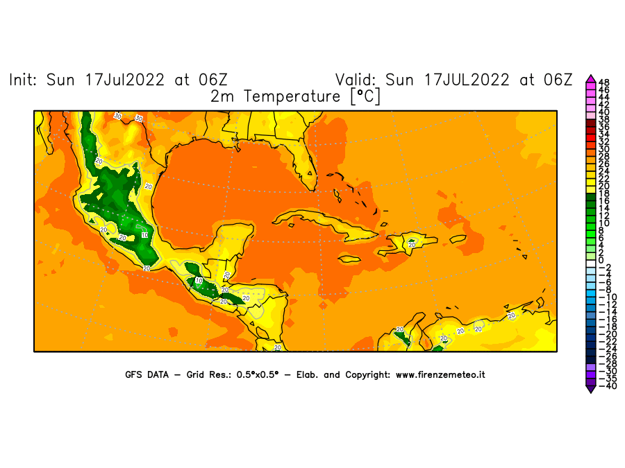 Mappa di analisi GFS - Temperatura a 2 metri dal suolo [°C] in Centro-America
							del 17/07/2022 06 <!--googleoff: index-->UTC<!--googleon: index-->