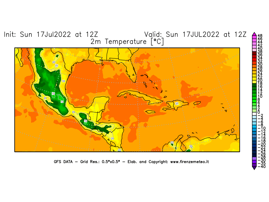 Mappa di analisi GFS - Temperatura a 2 metri dal suolo [°C] in Centro-America
							del 17/07/2022 12 <!--googleoff: index-->UTC<!--googleon: index-->